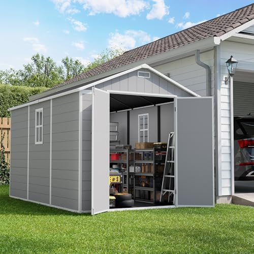 Amopatio 8X12 FT Resin Storage Shed with Floor Included, Plastic Outdoor Shed with Lockable Door, Window & Vents, for Lawnmower, Garden Tools, Pool Supplies, Grey & White