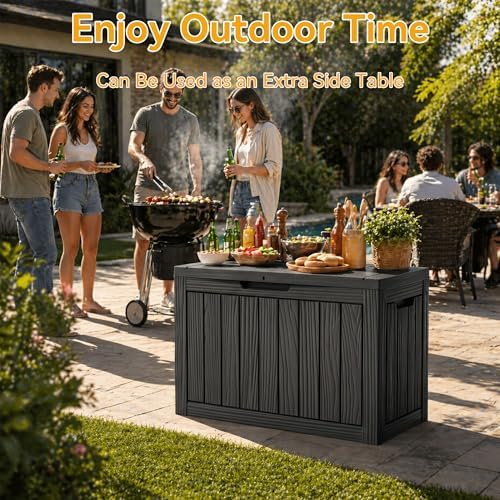 50 Gallon Outdoor & Indoor Deck Storage Box, Waterproof Lockable Patio Storage Container for Gardening Tools, Picnic Supplies, Easy to Assemble, Black