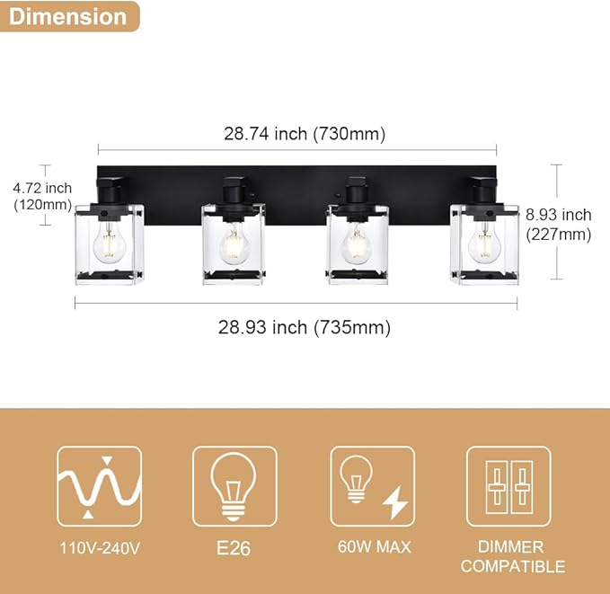 WINSHEN 4-Light Bathroom Vanity Light Fixture, Modern Black Wall Lighting Over