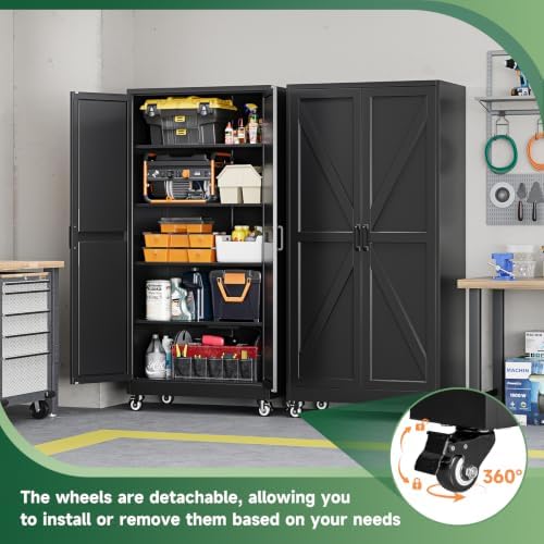 Letaya Metal Garage Storage Cabinet with Wheels,71" Black Tool Steel Locker