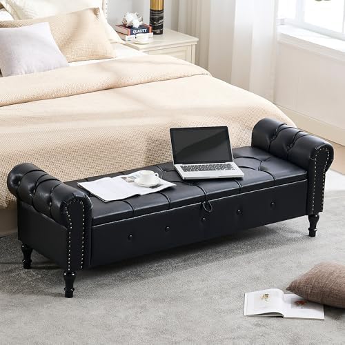 Storage Bench 67" Faux Leather End of Bed Benches Obsidian Black