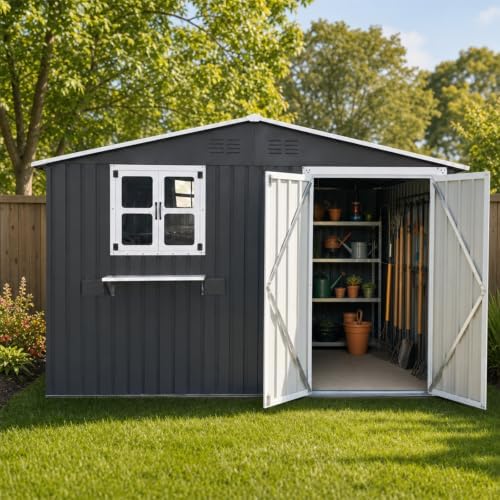10x8 FT Outdoor Storage Shed with 2 Clear Windows, Metal Garden Shed with Flower Racks & Baskets, Outside Tool Shed with Lockable Double Doors, Waterproof Storage Building for Backyard, Coal Gray