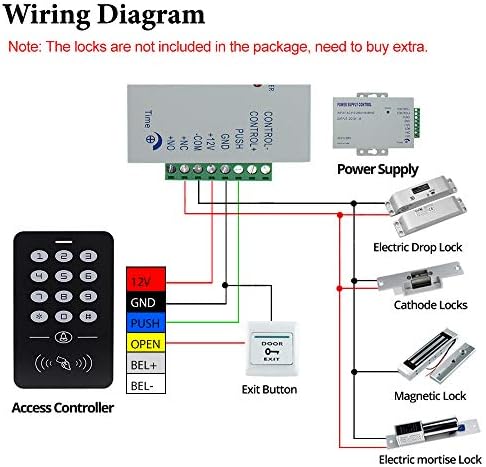 Access Control System Kit 125KHz RFID Keypad + DC12V 3A Power Supply Controller + Door Exit Button + 10pcs Keyfobs Card for Home Alarm Wooden/Metal/Glass Door
