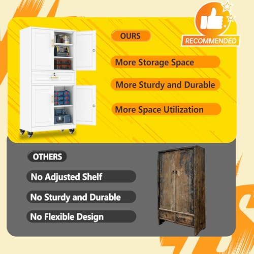 pozdeg 74" White Lockable Rolling Metal Garage Storage Cabinet
