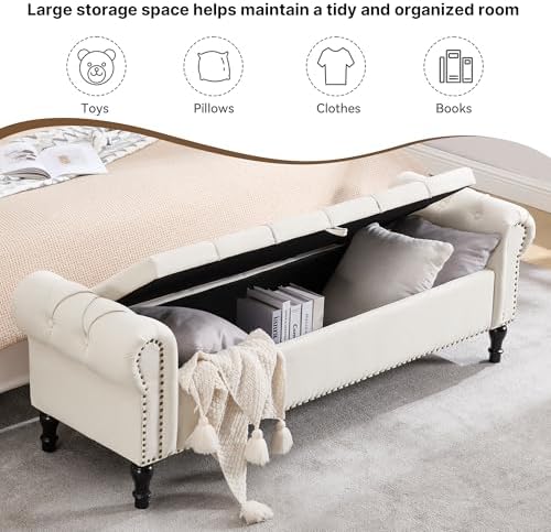 67 Inch Storage Bench for Bedroom, King Size End of Bed Bench, Upholstered Bench with Rolled Arms, Linen Tufted Button Storage Ottoman Benches, Living Room, Entryway, Cream Beige