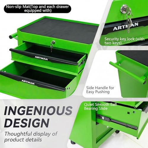 4-Drawer Rolling Tool Chest - Heavy Duty Tool Storage Cabinet with Lockable Wheels & Drawer Liners, Tool Cart with Key Lock,Tool Organizer Box for Garage, Warehouse & Repair Shop (Green)