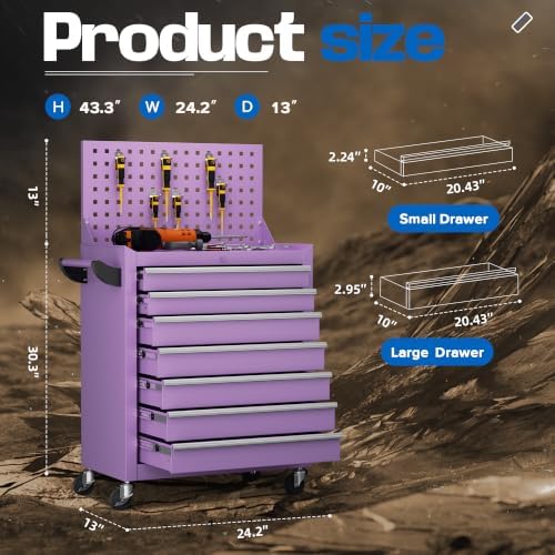 INTERGREAT 7 Drawers Rolling Tool Box with Pegboard,Portable Tool Chest with Wheels, Tool Box Organizer with Locking System for Garage, Purple