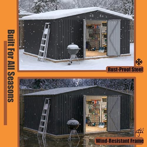 PABIMIA14X12 FT Outdoor Metal Storage Shed, Waterproof Storage Shed with Lockable Doors for Tools, Equipment, Ideal for Backyard Garden Patio Lawn