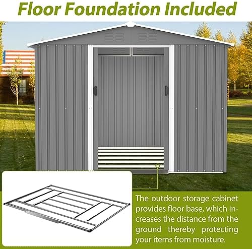 YOPTO 8X6 FT Outdoor Storage Shed with Roof,Waterproof House Tool Cabinet W/Metal Foundation & Lockable Doors,for Shovels,Umbrellas,Antennas,Escalators,Gray