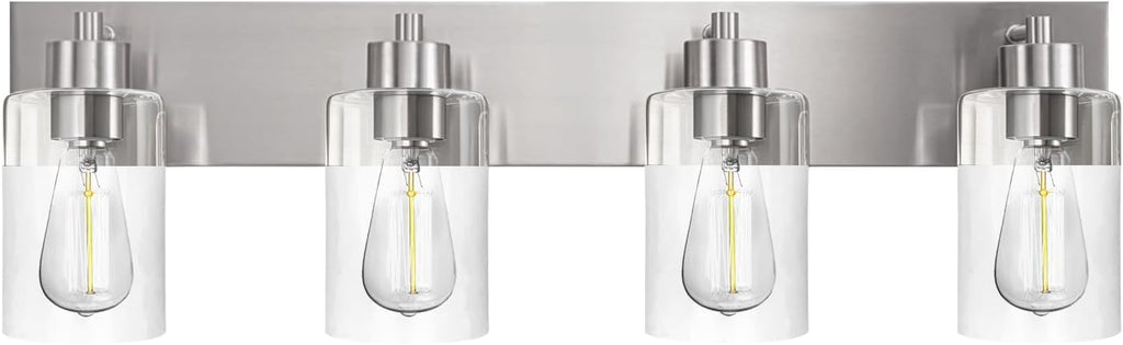 4-Light Brushed Nickel Bathroom Vanity Lights, Clear Glass | Brushed Nickel Metal Frame,Up/Down Wall Mount,cylinder Glass Shade,Kitchen Hallway Bedroom Indoor Use,Easy Install,E26 Base