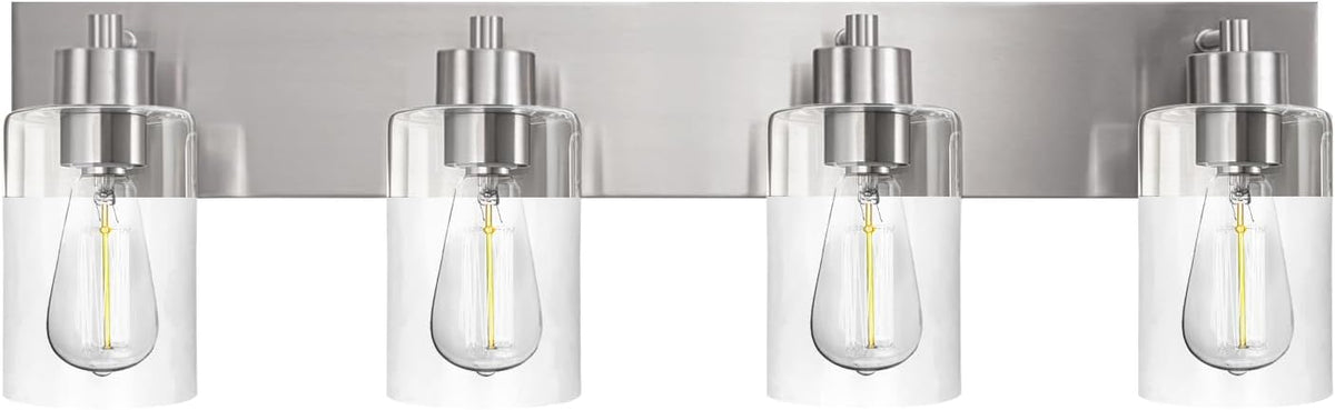 4-Light Brushed Nickel Bathroom Vanity Lights, Clear Glass | Brushed Nickel Metal Frame,Up/Down Wall Mount,cylinder Glass Shade,Kitchen Hallway Bedroom Indoor Use,Easy Install,E26 Base