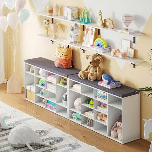 DINZI LVJ Shoe Storage Bench with Cushion, 14-Cubby Shoe Rack with Seat