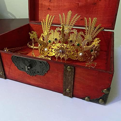 Vintage Decorative Wood Treasure Chest with Lock Jewelry Storage Box, Red