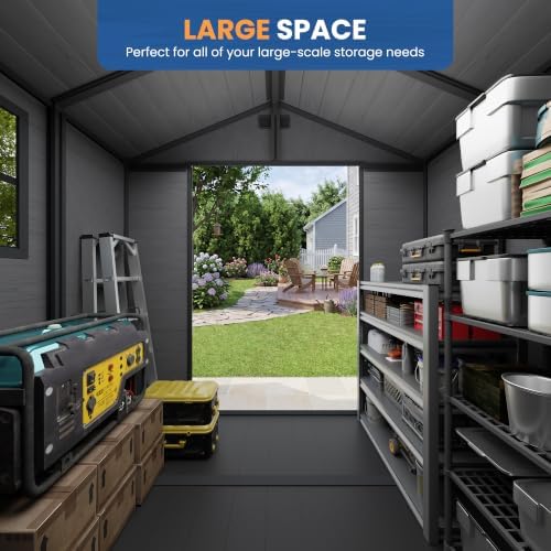 Amopatio 8x6 FT Resin Shed, Outdoor Storage Shed with Floor Included, Plastic Sheds Outdoor Storage for Garden Tools, Bike, Sheds & Outdoor Storage with Lockable Door, Window & Vents, Dark Grey