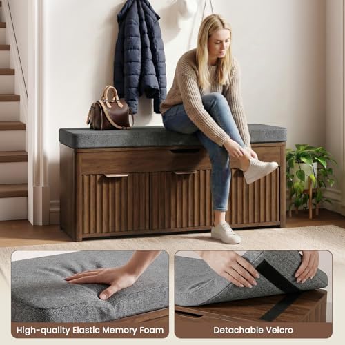43.5" W Shoe Bench with Storage, Lift Top Entryway Bench, Walnut