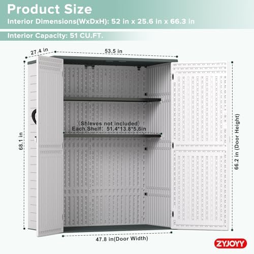 ZYJOYY Outdoor Storage Shed, 59 Cuft Outside Waterproof Storage Cabinet, HDPE Resin Plastic 385 Gallon Outdoor Storage Container, Vertical Lockable Storage Shed (Light Grey, 59 cuft/No Shelves)