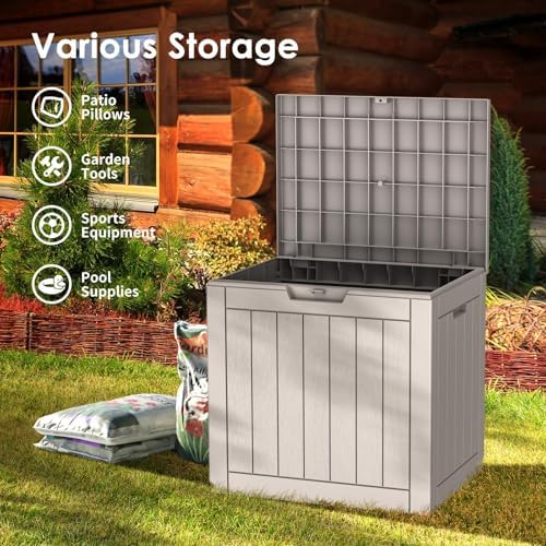 Outdoor Storage Box, 35 Gallon Waterproof Deck Box, Quick Snap-Lock Resin Cabinet for Seat Pillows, Patio Blankets, Lockable End Table Beverage Stand, Apartment Deck, Grey