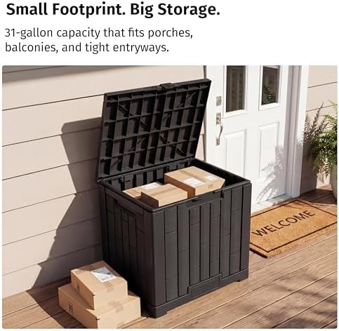 EAST OAK 31 Gallon Outdoor Storage Box, Waterproof Deck UV-Resistant Resin Bin for Patio Cushions, Garden Tools, Accessories & Package, Lockable Wind-Resistant Lid, Steel-Reinforced, Black