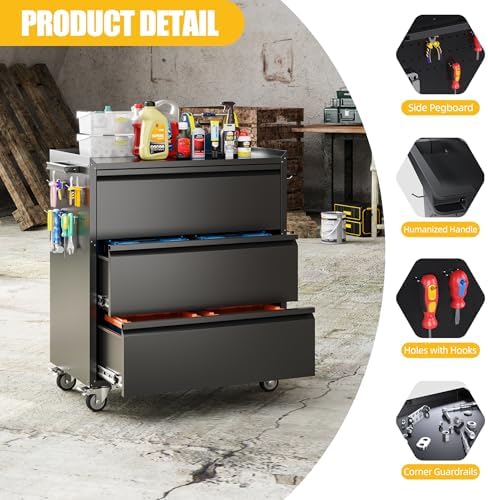 35.5" Rolling Tool Cabinet with 3 Drawers and Side Pegboards