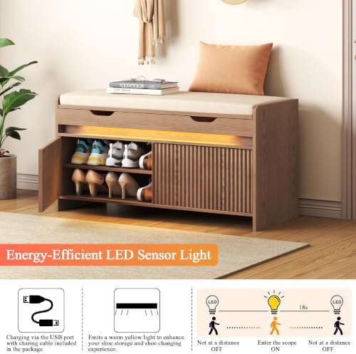 HOMEFORT Shoe Storage Bench, Modern Entryway Bench with Fluted Doors & Built-in LED Sensor Light, Wooden Shoe Bench with Cushion for Hallway and Bedroom, Walnut
