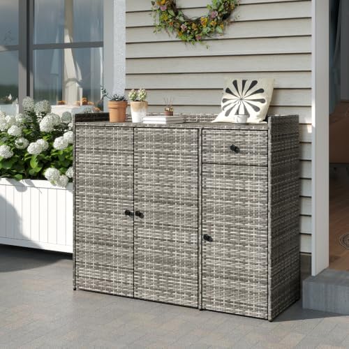 Tangkula Rattan Outdoor Storage Cabinet with 2 Adjustable Shelves