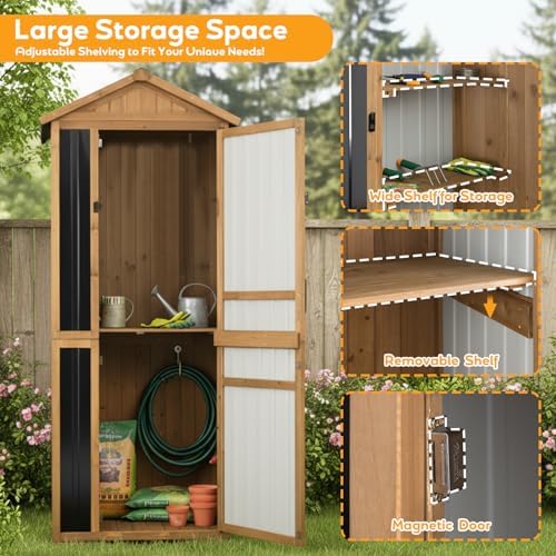Outdoor Storage Cabinet, Extra-Tall Shed with Removable Shelf for Long Tool