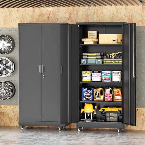 Bonusall Garage Cabinets with Wheels, 73" H Metal Locking Cabinet with 2 Doors and 4 Shelves, Storage Cabinet on Wheels for Home Office,Warehous, School(Black