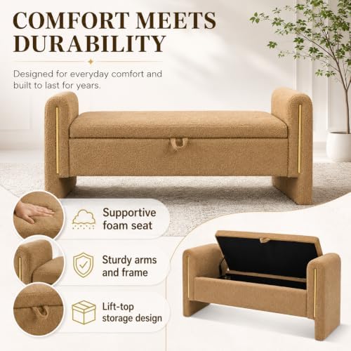 52" Upholstered Storage Bench, Brown, Armrests, Wood Frame