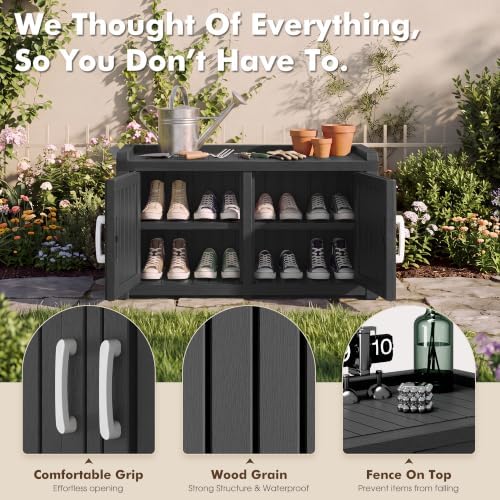 2-Tier Storage Bench, Waterproof UV-Resistant Outdoor Shoe Storage Cabinet with 2 Doors & Adjustable Shelves for Indoor Outdoor Entryway, Hallway, Living Room (Black)