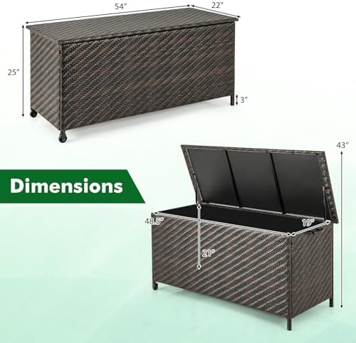 Tangkula Tightly-Woven Rattan Deck Box, Patiojoy Storage Cabinet Container with Polyester Liner, Universal Wheels & Gas Strut, 85 Gallon Indoor Outdoor Storage Box for Pillows, Cushions (Brown)