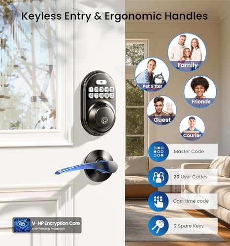 Veise RZ-C Keyless Entry Door Lock with 2 Lever Handles, Matte Black