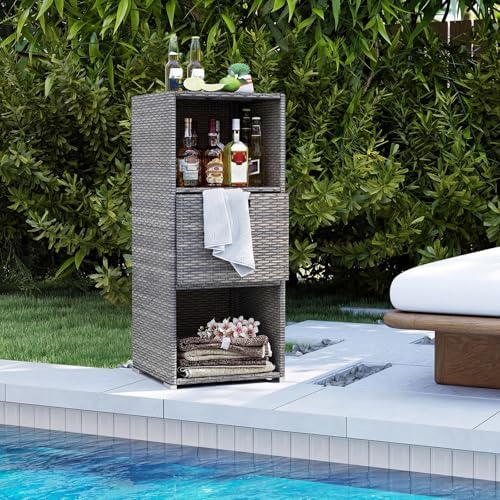 Tangkula Rattan Outdoor Storage Cabinet, Patiojoy Outdoor Wicker Cabinet with 3 Shelves, 1 Removable Drawer, Patio Storage Deck Box for Backyard Poolside Porch