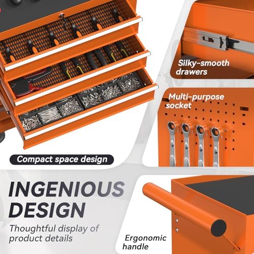 5-Drawer Rolling Tool Chest with Wheels, Metal Tool Storage Cabinet with Lock&Keys and Swivel, Toolbox with drawers, Tool Box for Warehouse,Garage, Repair Shop, Workshop (Orange, 5-Drawer)