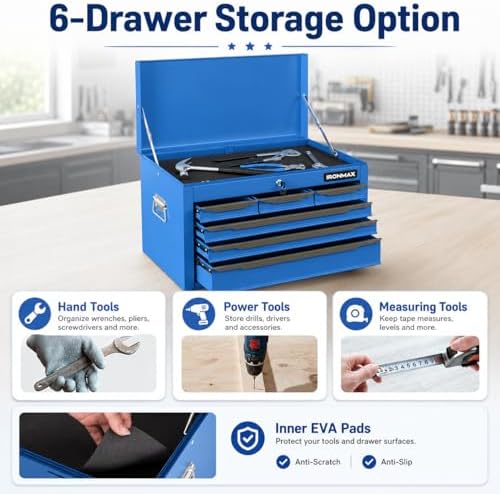 ARNOT Large Metal Tool Box, Tool Box with 6 Drawers & Top Tray, Heavy-Duty Steel Tool Chest with Auto-Locking Drawers and Side Handles for Garage & Workbench (Blue)