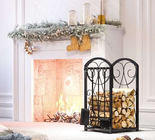 Kingson Firewood Rack Indoor/Outdoor Log Holder, Black