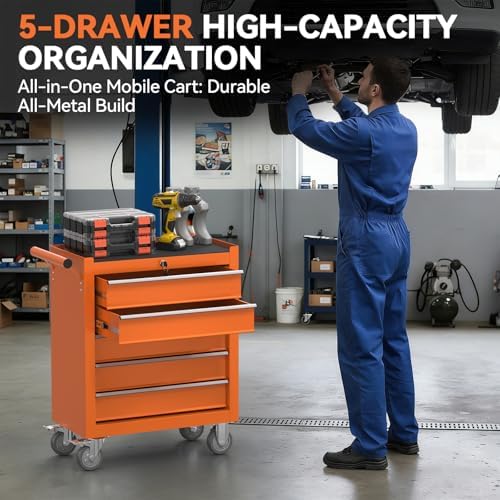 5-Drawer Rolling Tool Chest with Wheels, Metal Tool Storage Cabinet with Lock&Keys and Swivel, Toolbox with drawers, Tool Box for Warehouse,Garage, Repair Shop, Workshop (Orange, 5-Drawer)