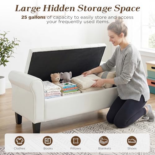 ECOTOUGE 55" Storage Ottoman Bench for Living Room, End of Bed Bench with Rolled Arm Leather Ottoman with Storage Upholstered Entryway Bench Retro Style Footboard Bench for Bedroom, Cream White