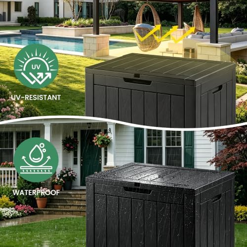 30 Gallon Outdoor Storage Box, Waterproof Resin Deck Box with Side Handles, Lockable Outdoor Bench for Indoor & Outdoor Use, Storage Bin for Patio Cushions, Garden Tools