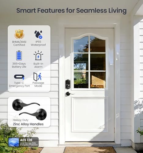 Veise VE017-L Fingerprint Smart Lock with 2 Lever Handle Set, Matte Black