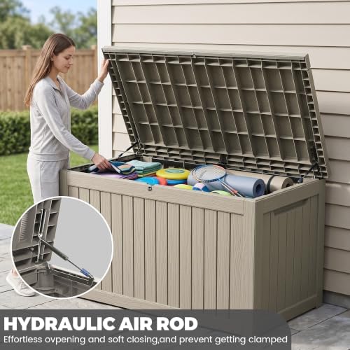 270 Gallon Outdoor Storage Box Waterproof, Lockable Resin Deck Box Large Storage Bin for Patio Furniture Cushion, Garden Tools, Pool Accessories, UV-Resistant Outside Delivery, Gray