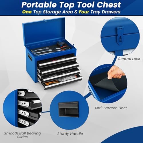 TANGZON Rolling Tool Chest, 2-in-1 Large Capacity Tool Cabinet with Wheels, 5 Drawers & Auto-Locking System, Heavy-Duty Metal Toolbox for Workshop, Warehouse, Garage (Black + Blue)