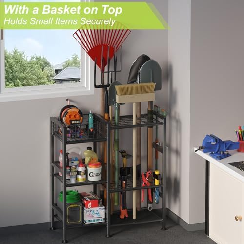 Garden Tool Organizer with Basket, 3-Tier Yard Storage Rack for Garage