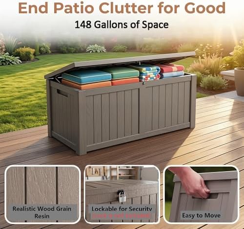 148 Gallon Resin Deck Box - Outdoor Storage Chest for Patio Furniture Cushions, Garden Tools, Pool Accessories & Backyard Organization Lockable Waterproof All-Weather, Easy Assembly