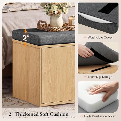 59" Storage Bench with Drawer, 2-Tier Shoe Bench with Storage, Long Entryway Bench, Thickened Cushion, Adjustable Shelf, Fluted Design for Entryway, Bedroom, Living Room, Natural