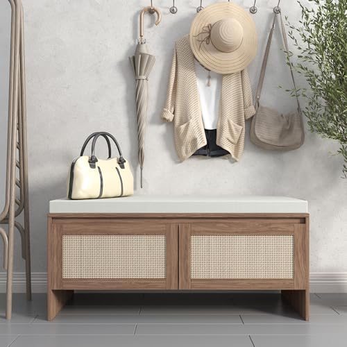 SOFTSEA 39.4" Shoe Storage Bench with Rattan Doors & Cushion, Natural