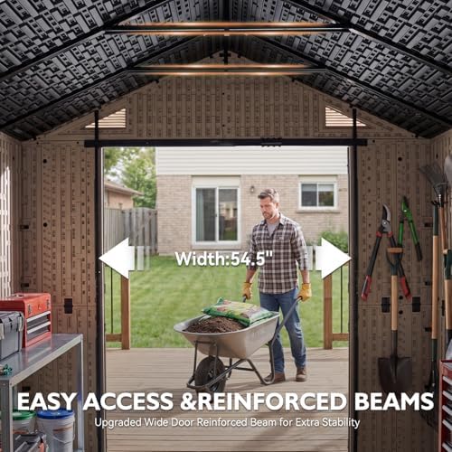 LazySunsets 8x12 Ft Outdoor Storage Shed with Light, Large Resin Outdoor Shed with Floor Included, 4 Windows & Lockable Door, Garden Plastic Storage Sheds for Bike, Lawn Tools, Garbage Can