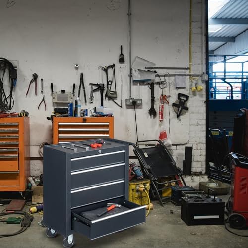 Winado 4 Drawer Rolling Tool Cabinet, Lockable Steel Tool Chest, Black