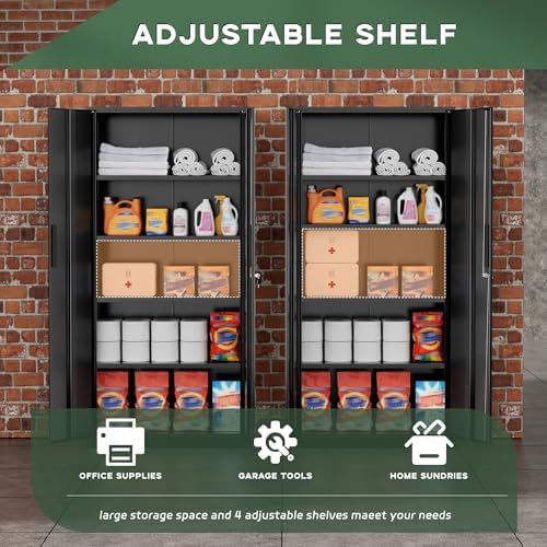 Greenvelly Metal Cabinet, 72” Black Tool Steel Locking Cabinet with Doors and 4 Shelves, Tall Cabinets for Garage Storage Systems Lockable File Cabinet for Home Office, Classroom/Pantry