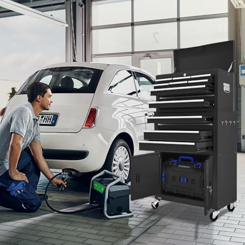 13-Drawer Double Door Rolling Tool Chest, 2 in 1 Detachable Tool Chest,Tool Box with Drawers and Wheels, Large Tool Cabinet with Lock, Metal Standing Toolbox for Garage Workshop-Black