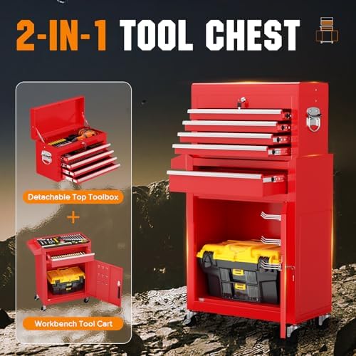 Crownland 5-Drawer Rolling Tool Chest with Wheels, Red